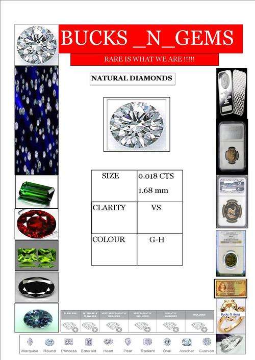 NATURAL REAL DIAMONDS HIGH QUALITY!!!APROX. 2 POINTERS 0.018 cts 1.68mm VS - G-H COLOUR