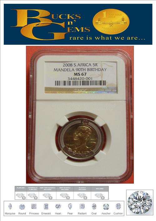 **BUCKS N GEMS -SPECIAL **2008 GRADED MANDELA 90TH BIRTHDAY MS67 R5 COIN -NGC-50 AVAILABLE!!!