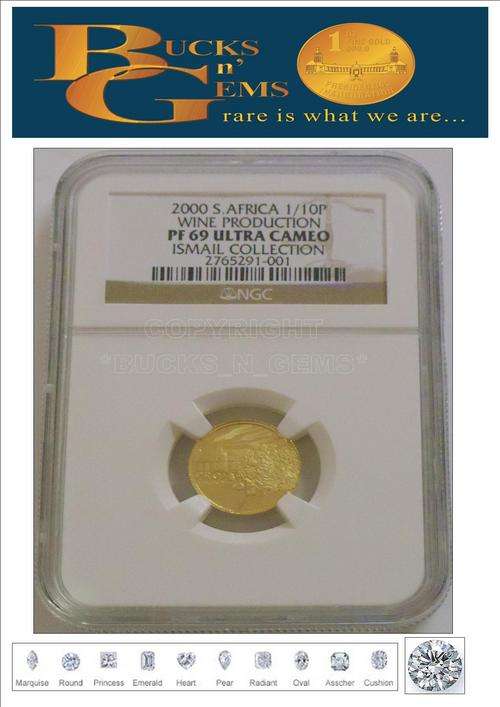 **WINE PF69** 2000 R1 GOLD 1/10TH PROTEA **WINE**--PF69 ULTRA CAMEO-HIGHEST NGC GRADE LOW POP