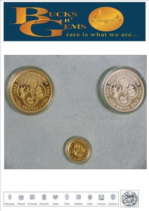 **COINAGE PROOF SET**1992 PROTEA PROOF SET 3 COINS-1OZ GOLD ++ 1/10 GOLD++SILVER R1-- EXTREMELY RARE