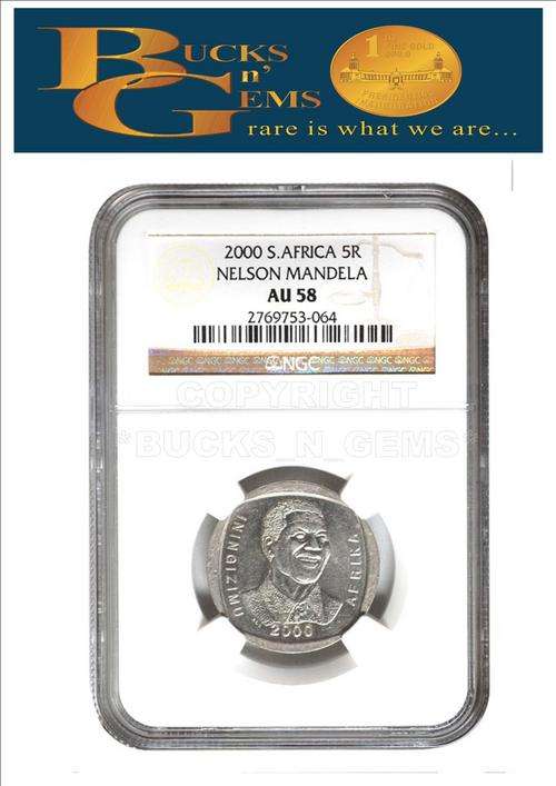 **MOST RARE* 2000 MANDELA SMILE R5 COIN AU58 -NGC GRADED 2000 R5 MOST RARE R5