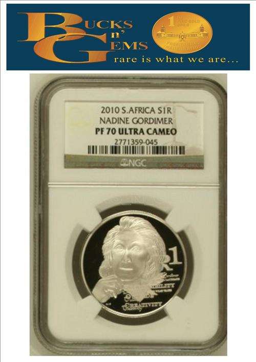 HIGHEST **PF70UC** 2010 PROTEA SILVER R1 **NADINE GORDIMER PF70 UC**NGC GRADED- RARE COIN HIGH VALUE