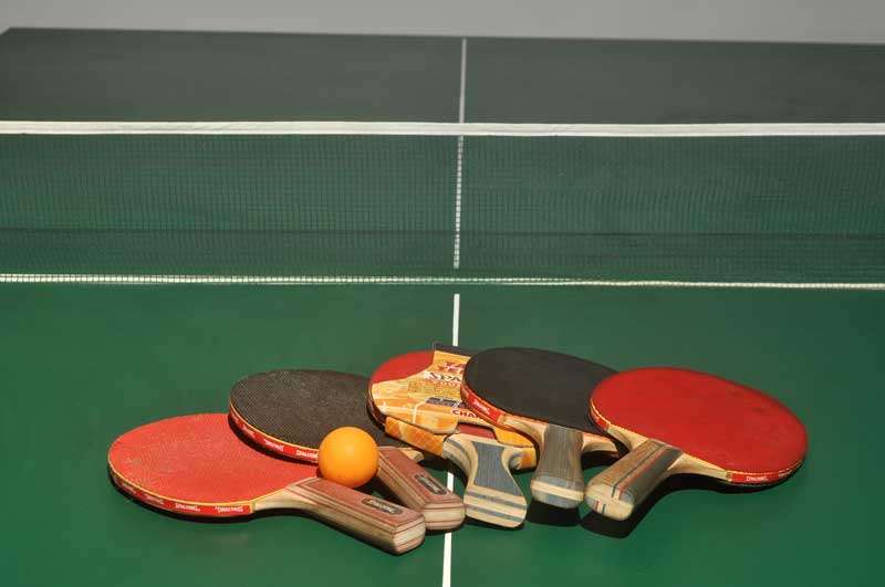 Table tennis table, net, bats and balls