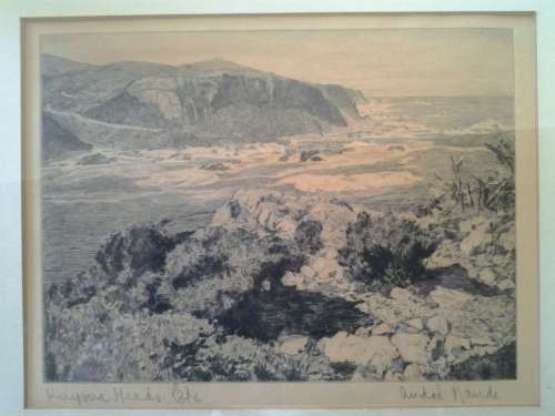 Andre Naude etching - view of the Knysna heads
