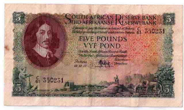 RARE: 5 POUND JAN VAN RIEBEEK NOTE DATED 12.12.1957, VF CONDITION