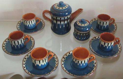 TEA COFFEE SET DRIPWARE DRIP WARE BLUE TERRACOTTA CREAM BLACK Earthenware POTTERY 16 pieces HANDMADE