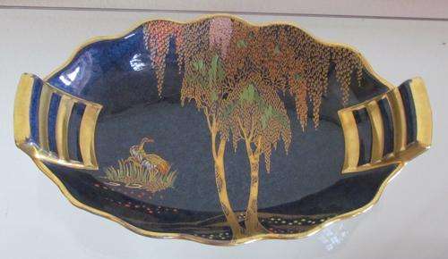 CARLTON WARE LUSTRE GILT HANDLED BOWL=Art Deco=2 Storks (birds), Flowers, Trees, Landscape!