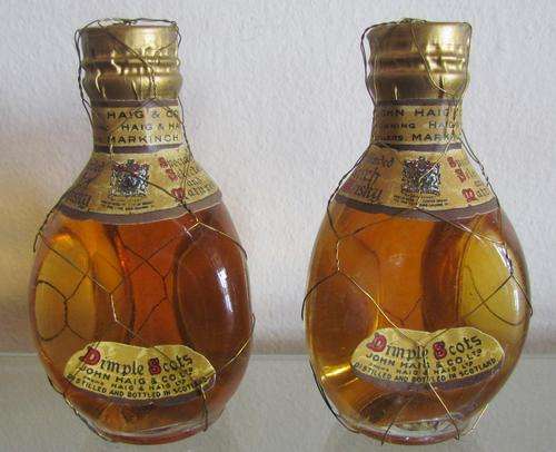 Miniature John Haigs Dimple Scots Whisky x 2=RARE=Spring Clip Top=1950's.
