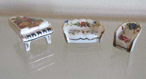 LIMOGES Miniature Porcelain Piano=Couch/Sofa=Arm Chair=France=3 pieces=Dolls House.