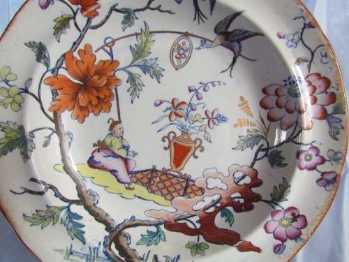 STAFFORDSHIRE CLEWS Chinoiserie Oriental Plate=STONE CHINA Warranted=RARE=BIRDS=FLOWERS=EARLY 1800's