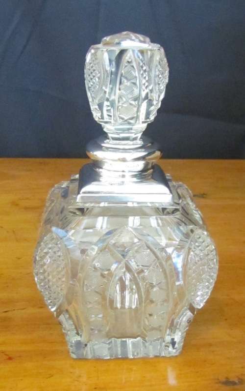 PERFUME BOTTLE Crystal with Sterling Silver Lid & Stopper LONDON 1926 Henry Perkins & Sons LARGE!!