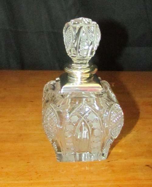 PERFUME BOTTLE Crystal with Sterling Silver Lid & Stopper LONDON 1926 Henry Perkins & Sons LARGE!!