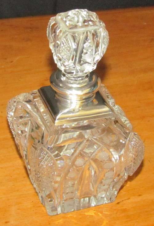 PERFUME BOTTLE Crystal with Sterling Silver Lid & Stopper LONDON 1926 Henry Perkins & Sons LARGE!!