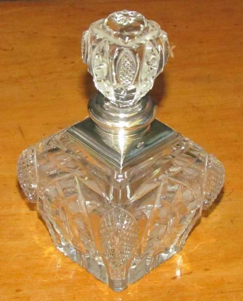 PERFUME BOTTLE Crystal with Sterling Silver Lid & Stopper LONDON 1926 Henry Perkins & Sons LARGE!!