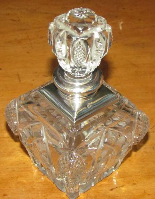 PERFUME BOTTLE Crystal with Sterling Silver Lid & Stopper LONDON 1926 Henry Perkins & Sons LARGE!!