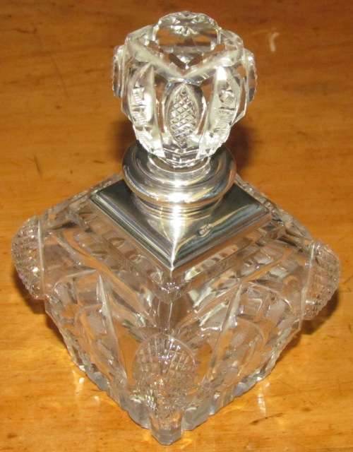 PERFUME BOTTLE Crystal with Sterling Silver Lid & Stopper LONDON 1926 Henry Perkins & Sons LARGE!!