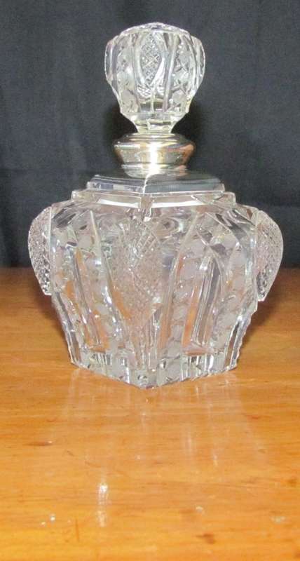 PERFUME BOTTLE Crystal with Sterling Silver Lid & Stopper LONDON 1926 Henry Perkins & Sons LARGE!!