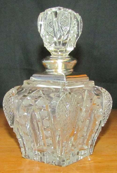 PERFUME BOTTLE Crystal with Sterling Silver Lid & Stopper LONDON 1926 Henry Perkins & Sons LARGE!!