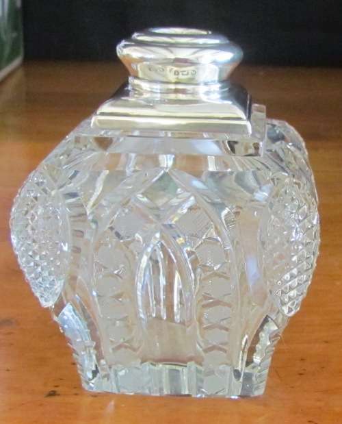 PERFUME BOTTLE Crystal with Sterling Silver Lid & Stopper LONDON 1926 Henry Perkins & Sons LARGE!!