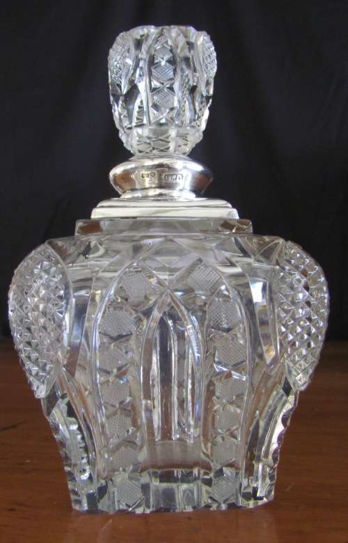 PERFUME BOTTLE Crystal with Sterling Silver Lid & Stopper LONDON 1926 Henry Perkins & Sons LARGE!!