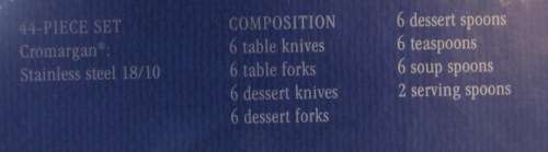 WMF CUTLERY SET=!!!!NEW!!!!=CROMORGAN=boxed=ARORA PATTERN=6 place setting=44 piece=STAINLESS STEEL.