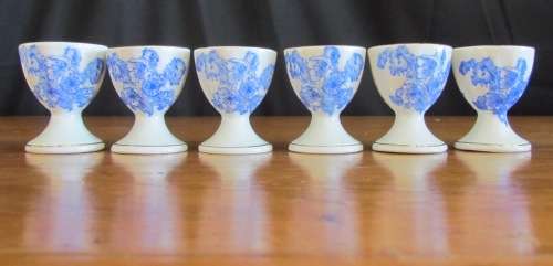 BLUE & WHITE=6 x BOILED EGG CUPS=TIEFENFURT=Germany=Unmarked=Stunning for Breakfast!!!!