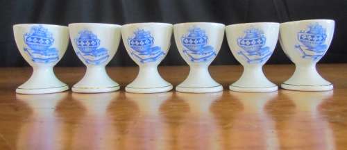 BLUE & WHITE=6 x BOILED EGG CUPS=TIEFENFURT=Germany=Unmarked=Stunning for Breakfast!!!!