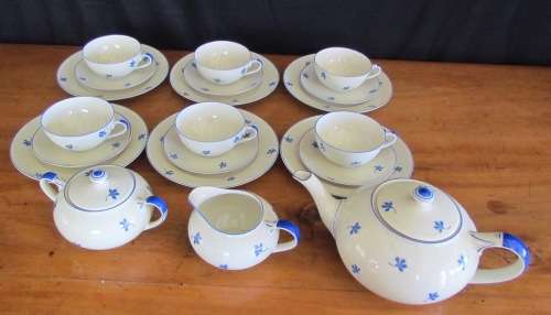 Schönwald PORCELAIN EAMAG BAVARIA GERMANY TEA SET 6 TRIOS TEAPOT MILK SUGAR CAKE 1927 BLUE and WHITE