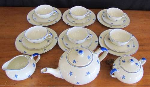 Schönwald PORCELAIN EAMAG BAVARIA GERMANY TEA SET 6 TRIOS TEAPOT MILK SUGAR CAKE 1927 BLUE and WHITE