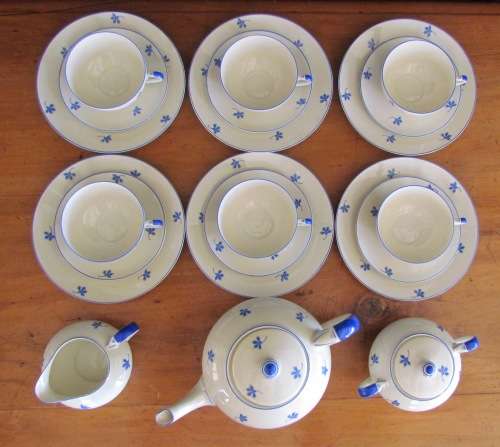 Schönwald PORCELAIN EAMAG BAVARIA GERMANY TEA SET 6 TRIOS TEAPOT MILK SUGAR CAKE 1927 BLUE and WHITE