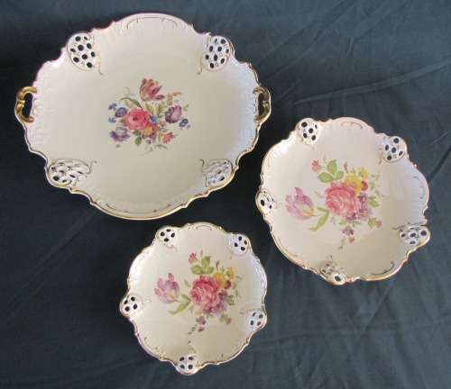ROSENTHAL Moliere Bowls x 3 gaduating sizes flower design pierced gilt rims 1945/1946 STUNNING SET!