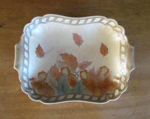CROWN DUCAL CHARLOTTE RHEAD ENGLAND Rectangular Fruit/Serving Dish Handles Golden Leaves 4921 1940`s