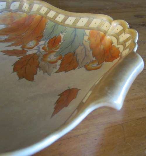 CROWN DUCAL CHARLOTTE RHEAD ENGLAND Rectangular Fruit/Serving Dish Handles Golden Leaves 4921 1940`s