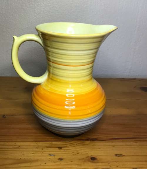 JUG=PITCHER=SHELLEY=ENGLAND=1930's=HARMONY PATTERN=DRIP GLAZE=BANDED=ORANGE=YELLOW=GREY=STUNNING!!!!
