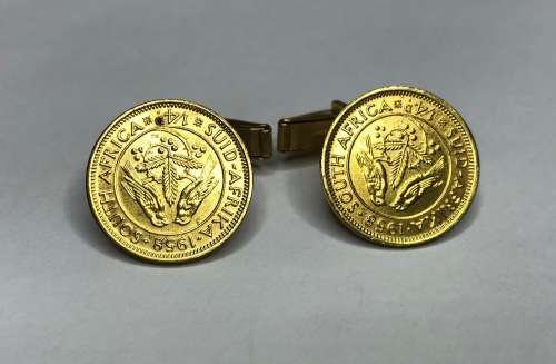 CUFF LINKS=SOUTH AFRICAN COINS=1/4D=FARTHING=GOLD in colour=GREAT CONDITION!
