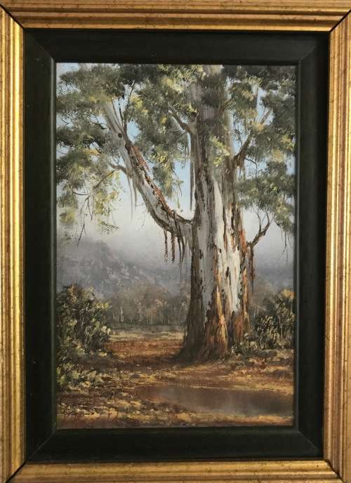 REPSOLD, LOUISE=Oil Painting="GUMTREE & some rainfall"=South African Artist=MINIATURE=Gold rib Frame
