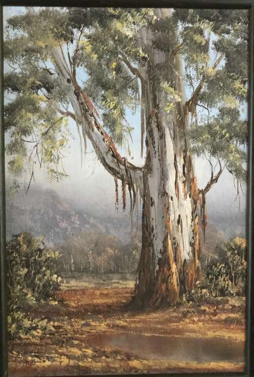 REPSOLD, LOUISE=Oil Painting="GUMTREE & some rainfall"=South African Artist=MINIATURE=Gold rib Frame