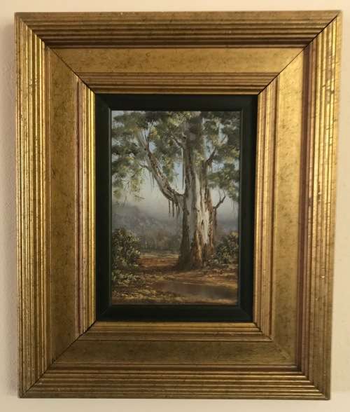 REPSOLD, LOUISE=Oil Painting="GUMTREE & some rainfall"=South African Artist=MINIATURE=Gold rib Frame