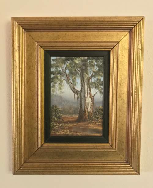 REPSOLD, LOUISE=Oil Painting="GUMTREE & some rainfall"=South African Artist=MINIATURE=Gold rib Frame