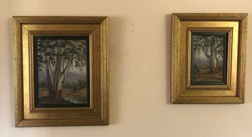 REPSOLD, LOUISE=Oil Painting="GUMTREE & some rainfall"=South African Artist=MINIATURE=Gold rib Frame