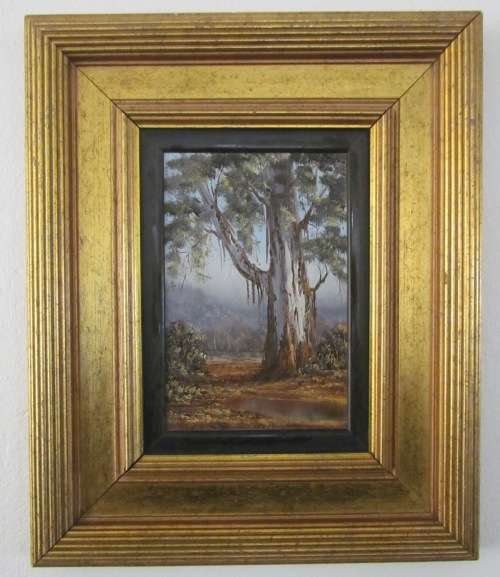 REPSOLD, LOUISE=Oil Painting="GUMTREE & some rainfall"=South African Artist=MINIATURE=Gold rib Frame