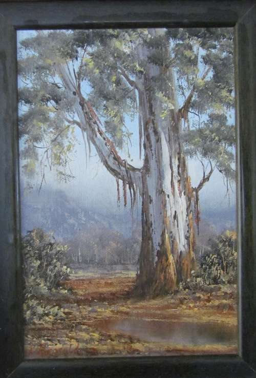 REPSOLD, LOUISE=Oil Painting="GUMTREE & some rainfall"=South African Artist=MINIATURE=Gold rib Frame