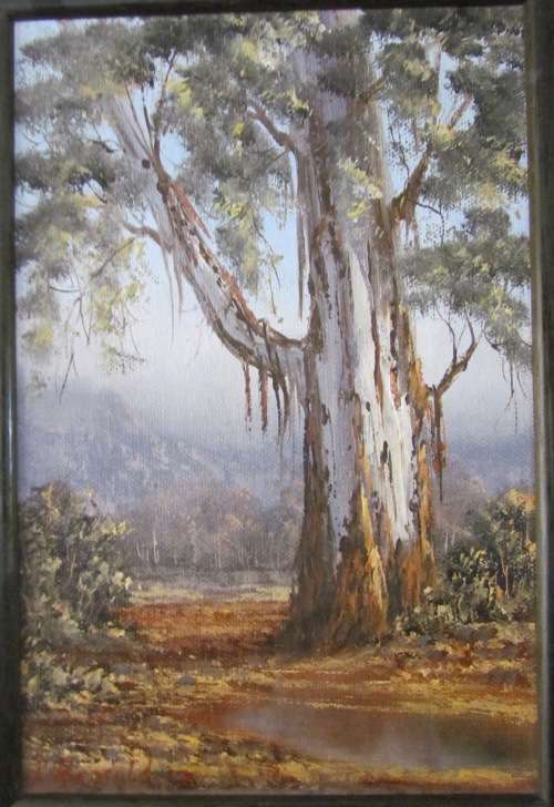 REPSOLD, LOUISE=Oil Painting="GUMTREE & some rainfall"=South African Artist=MINIATURE=Gold rib Frame