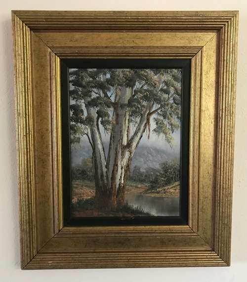 REPSOLD, LOUISE=Oil Painting="GUMTREE ON THE RIVER"=South African Artist=MINIATURE=Gold rib Frame