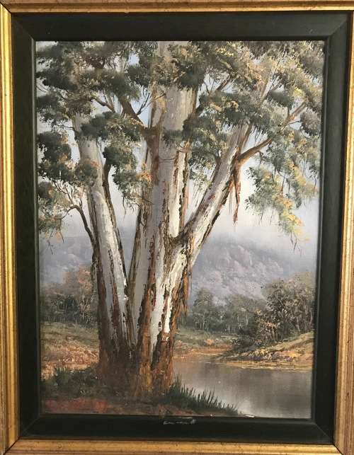 REPSOLD, LOUISE=Oil Painting="GUMTREE ON THE RIVER"=South African Artist=MINIATURE=Gold rib Frame