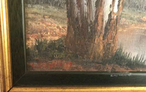 REPSOLD, LOUISE=Oil Painting="GUMTREE ON THE RIVER"=South African Artist=MINIATURE=Gold rib Frame