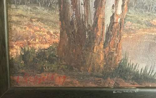 REPSOLD, LOUISE=Oil Painting="GUMTREE ON THE RIVER"=South African Artist=MINIATURE=Gold rib Frame