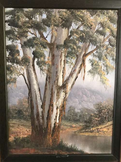 REPSOLD, LOUISE=Oil Painting="GUMTREE ON THE RIVER"=South African Artist=MINIATURE=Gold rib Frame