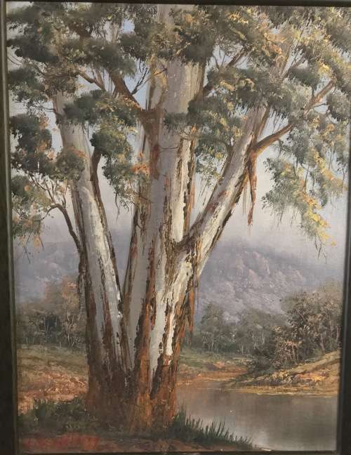 REPSOLD, LOUISE=Oil Painting="GUMTREE ON THE RIVER"=South African Artist=MINIATURE=Gold rib Frame