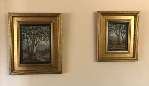 REPSOLD, LOUISE=Oil Painting="GUMTREE ON THE RIVER"=South African Artist=MINIATURE=Gold rib Frame